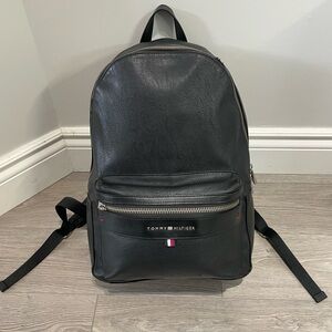 Tommy Hilfiger Black Pebble Leather Backpack with Front Zip Pocket